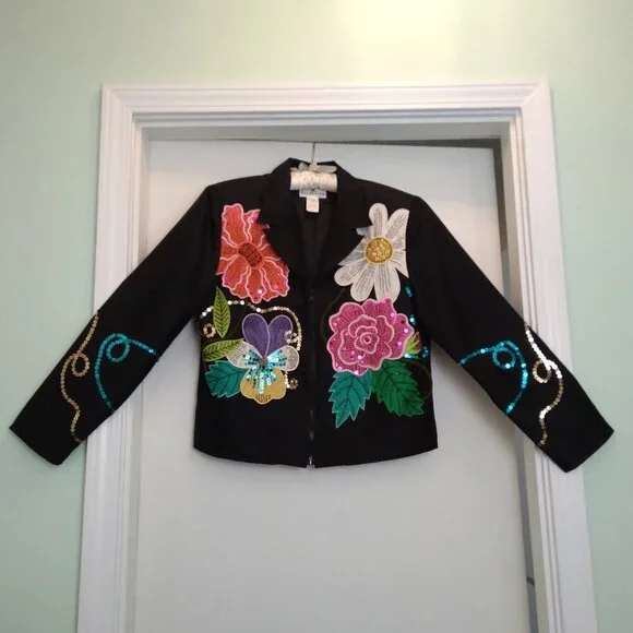 Y2K Vintage Black 100% Silk Jacket w Floral Textured Art Simply Stunning! Sz10 - Picture 1 of 14